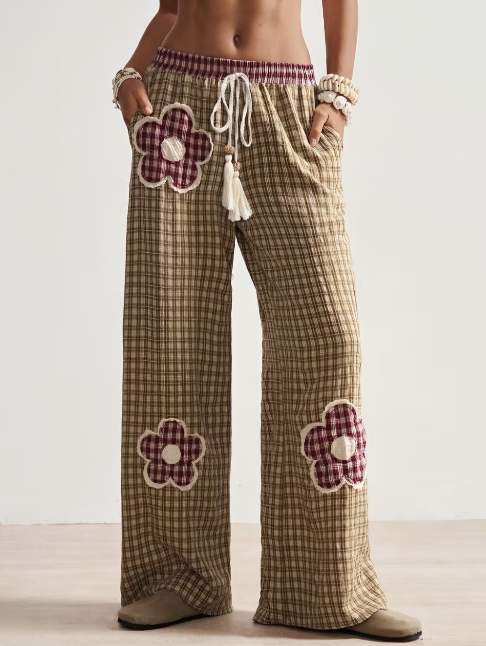 Women'S Bohemian Style Loose Country Vacation Plaid Patchwork Low-Rise Drawstrin